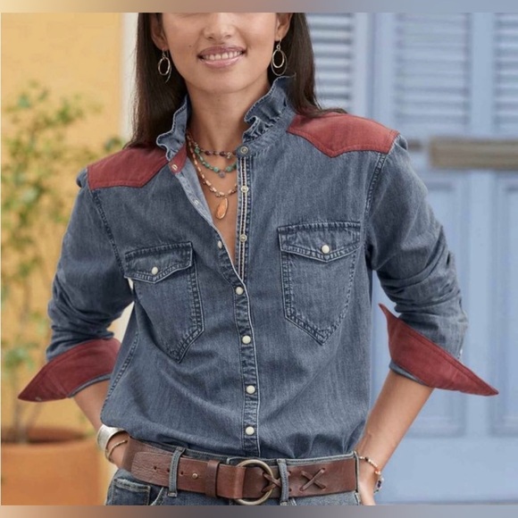 Sundance Tops - Sundance Women's Denim Button-Up Shirt with Red Accents and Ruffled Collar szS